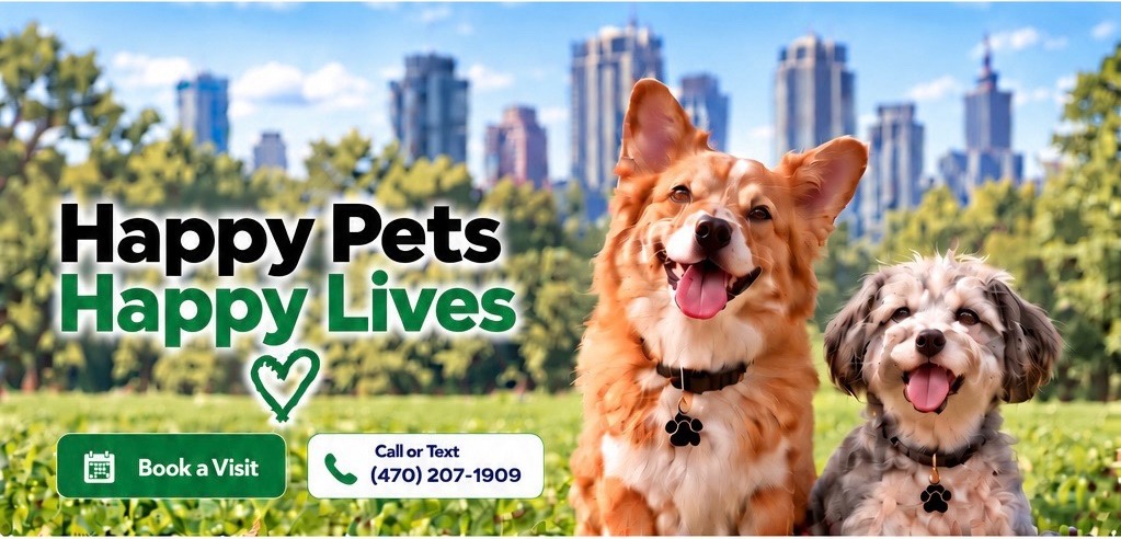 Happy dogs in a park with the Atlanta skyline and the message Happy Pets Happy Lives